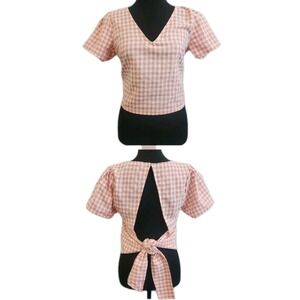 Gingham Tie Back Crop‎ Top S Pink Coquette Balletcore Peasant Praire Country Y2K